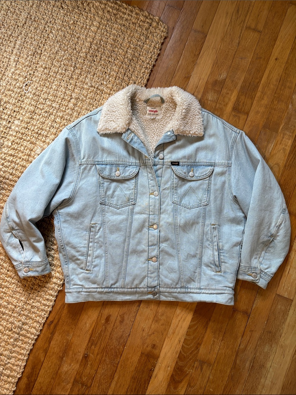 Wrangler Light Wash Denim Jacket with Cream Sherpa Collar